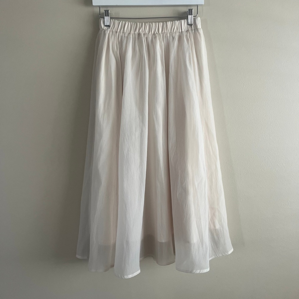 Ivory Crinkle Chiffon Full Midi Skirt Elastic‎ Waist Flowy Coquette Size M
